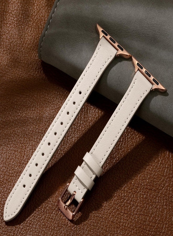 Charlam Slim Leather Band Compatible with Apple Watch Band 40mm 38mm 41mm 42mm 44mm 45mm 46mm Women,Top Grain Genuine Leather Strap Thin Wristband for iWatch Series 11 10 9 8 7 6 5 4 3 2 1 SE 3,Beige - Image 5