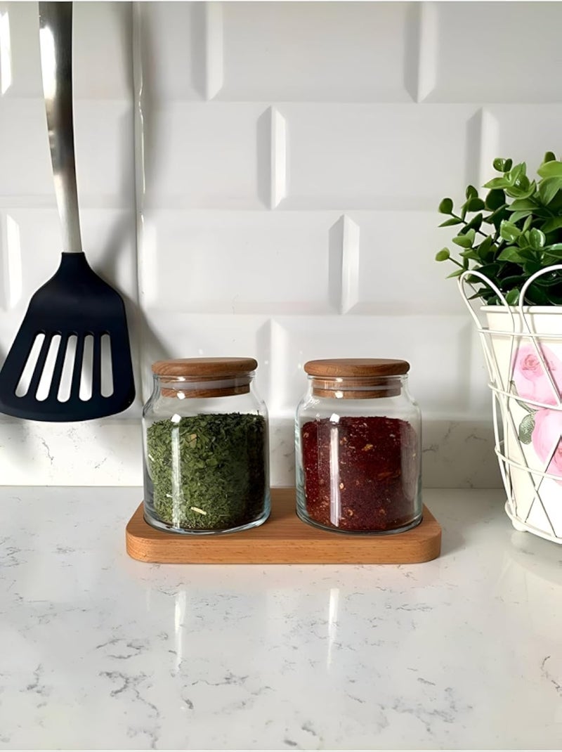 برطمانات زجاجية - غطاء من الخيزران محكم الإغلاق لتخزين أدوات المطبخ، مثالية للتوابل والشاي والسكر والحبوب والبسكويت والحلويات (200 مل) (شكل دائري، قطعتان)