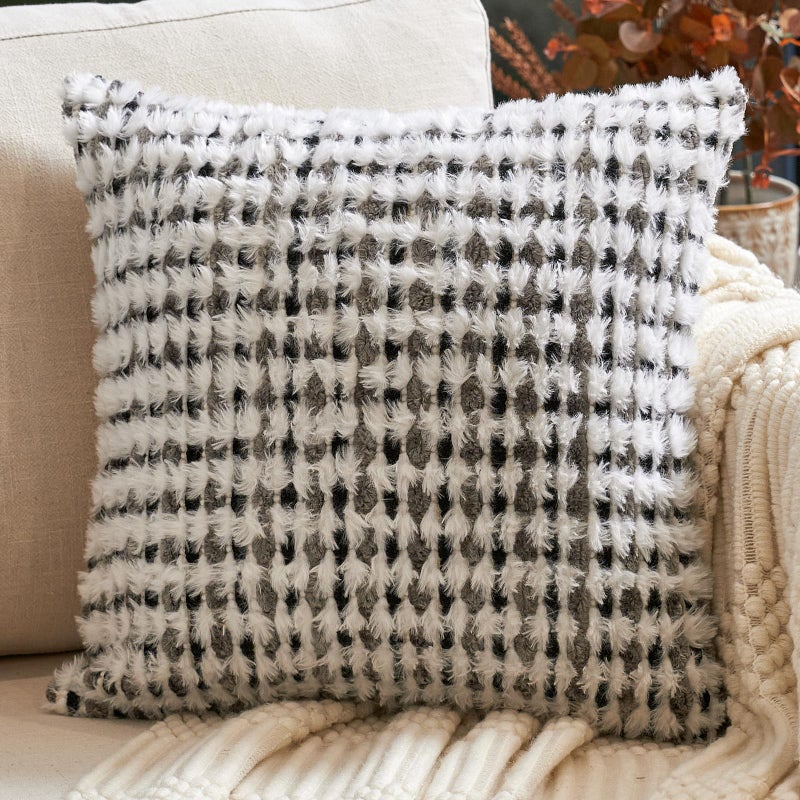 Aeckself Boho Chenille Tufted Pillow Cover 20x20 Inch Decorative Square Throw Pillow Cover Neutral Pillowcase for Couch Bedroom Living Room Black Gray