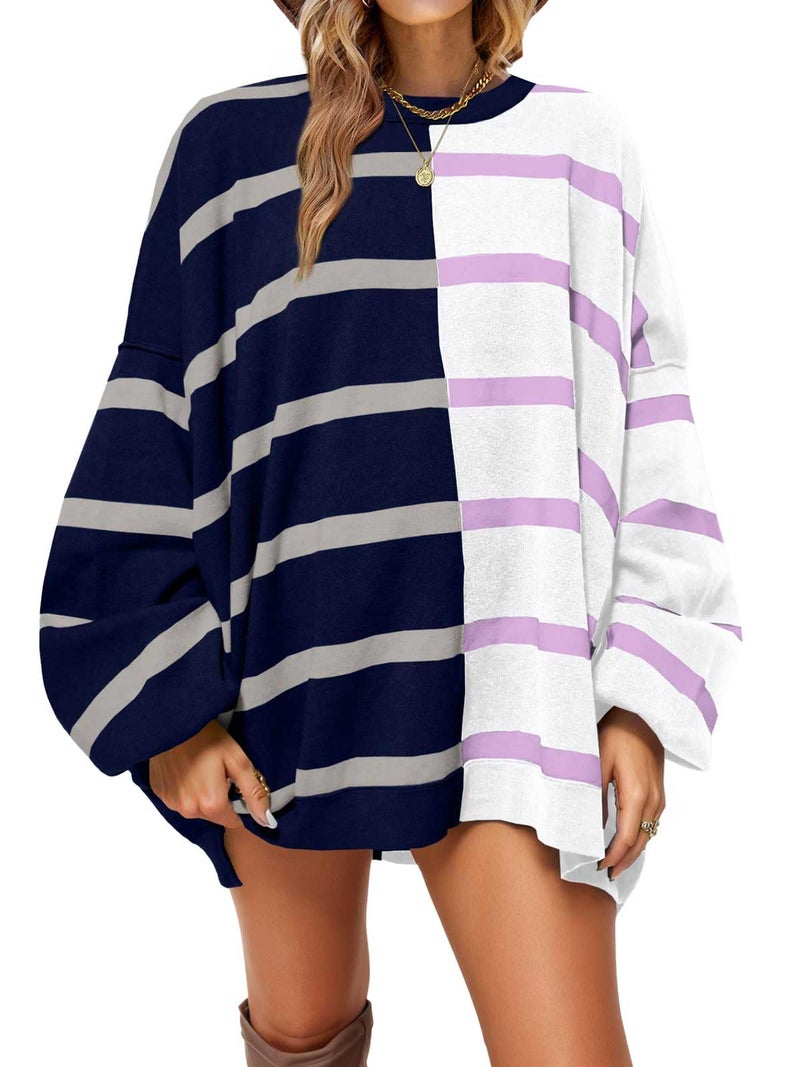 Fisoew Womens Striped Pullover Sweater Crew Neck Long Sleeve Knitted Color Block Casual Loose Lightweight Sweaters for Women Navy Blue - Image 1