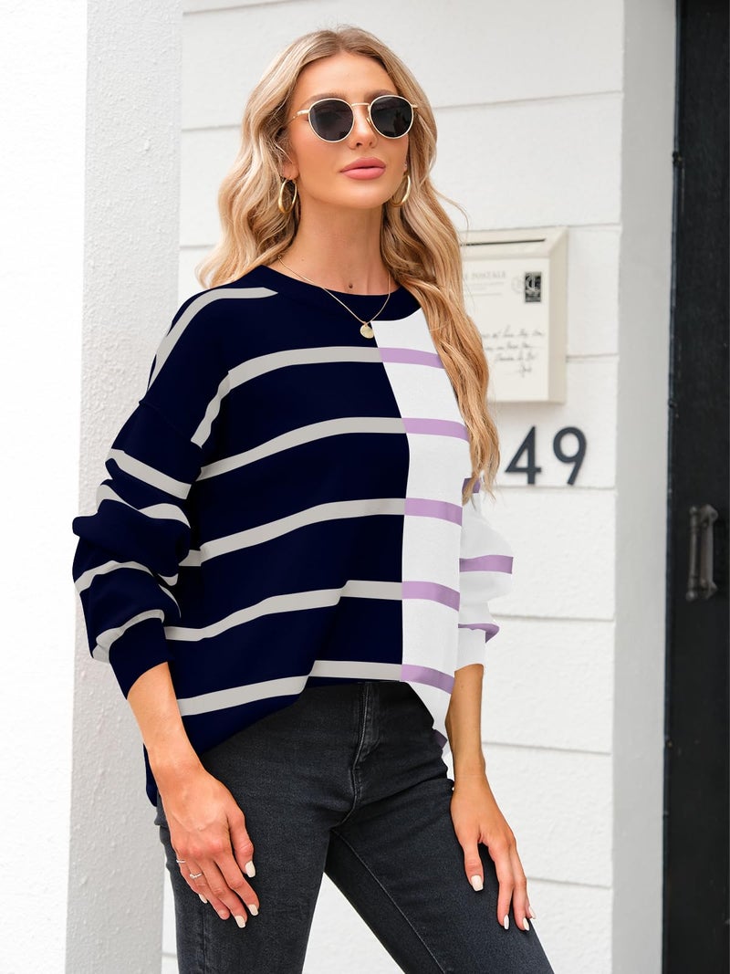 Fisoew Womens Striped Pullover Sweater Crew Neck Long Sleeve Knitted Color Block Casual Loose Lightweight Sweaters for Women Navy Blue - Image 3