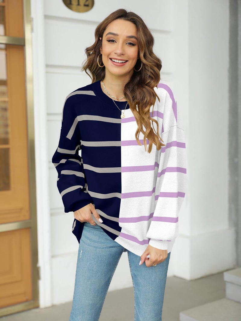 Fisoew Womens Striped Pullover Sweater Crew Neck Long Sleeve Knitted Color Block Casual Loose Lightweight Sweaters for Women Navy Blue - Image 2