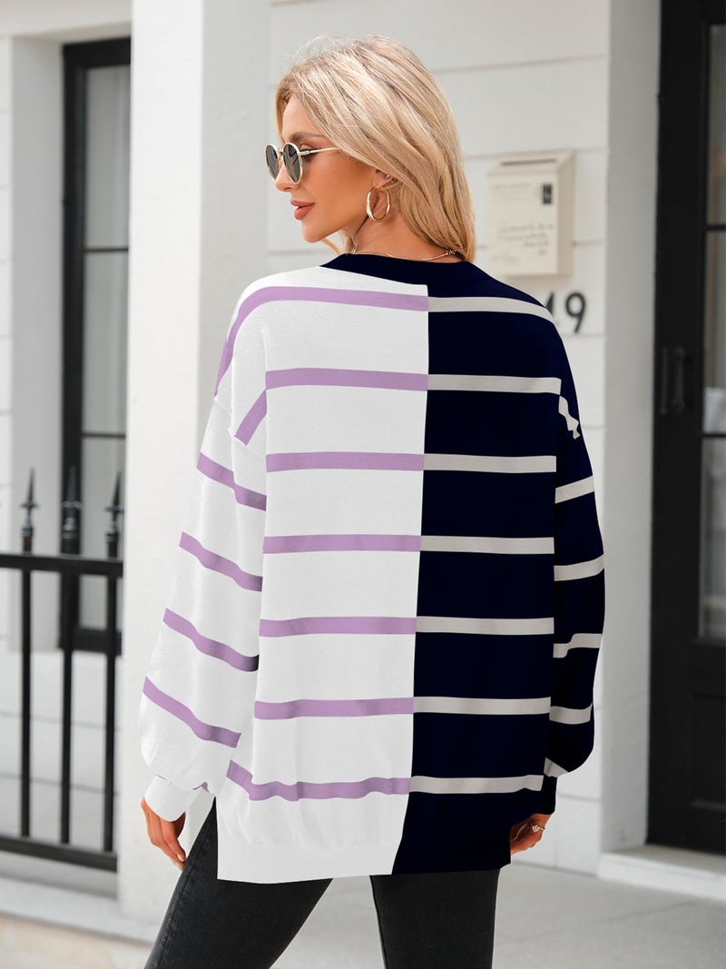 Fisoew Womens Striped Pullover Sweater Crew Neck Long Sleeve Knitted Color Block Casual Loose Lightweight Sweaters for Women Navy Blue - Image 4