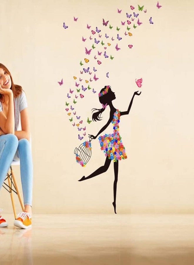 Byteon Dreamy Girl with Flying Colourful Butterflies' Wall Sticker (PVC Vinyl, 60 cm x 90 cm)