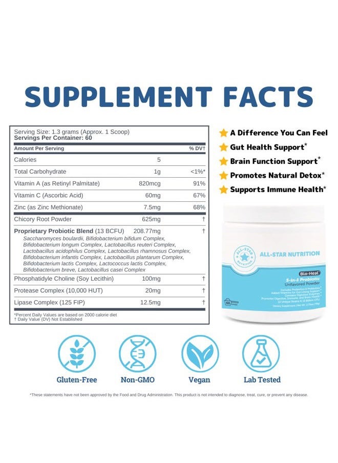 ALL STAR - 5-in-1 Bio-Heal® Probiotic for Kid, Men & Women (Powder) - Best Supplement for Brain Function, Gut Health & Constipation - Shelf Stable & Fortified with Vitamins, Minerals & Prebiotics - Image 1