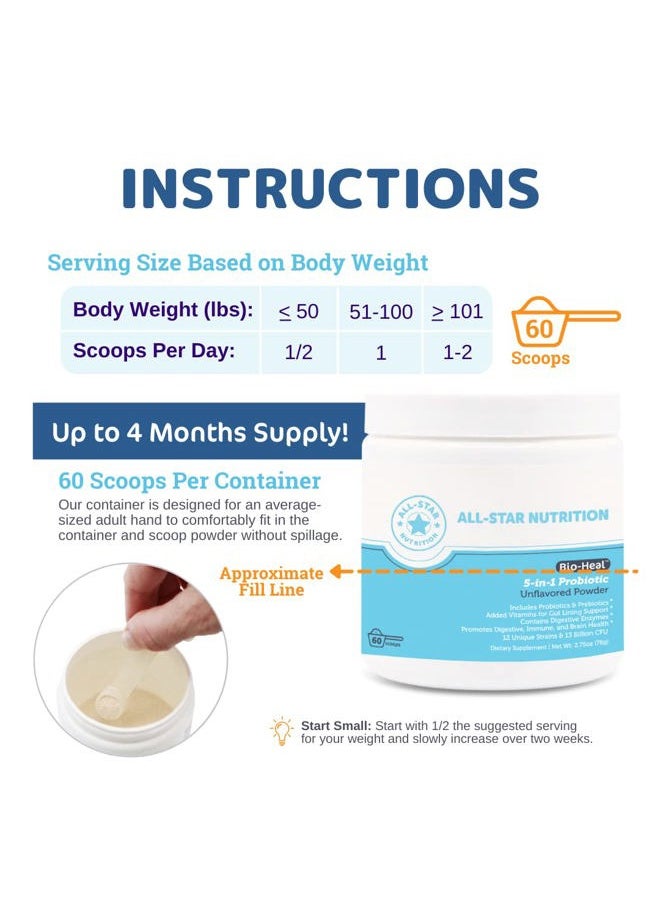 ALL STAR - 5-in-1 Bio-Heal® Probiotic for Kid, Men & Women (Powder) - Best Supplement for Brain Function, Gut Health & Constipation - Shelf Stable & Fortified with Vitamins, Minerals & Prebiotics - Image 1