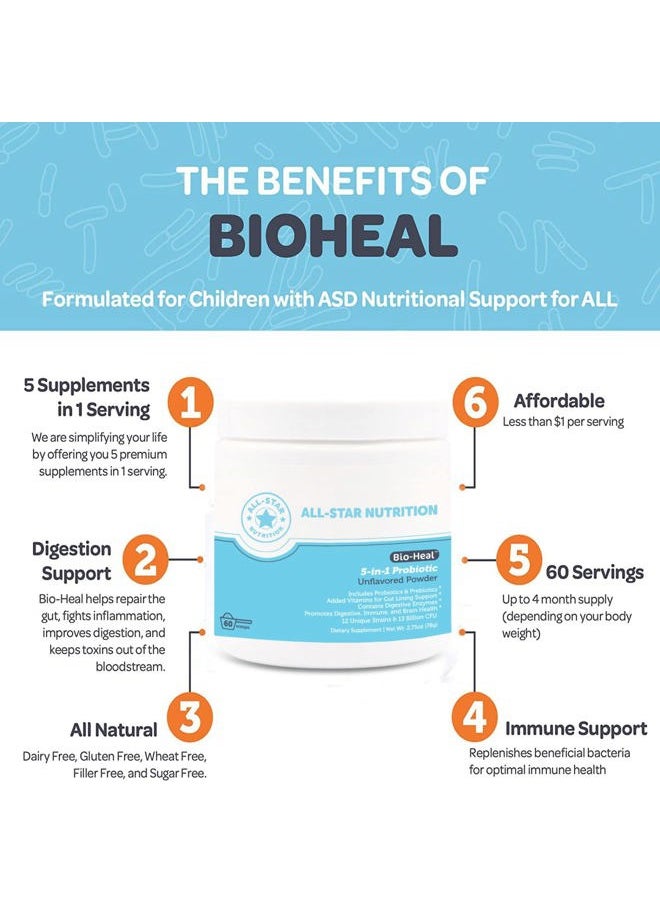 ALL STAR - 5-in-1 Bio-Heal® Probiotic for Kid, Men & Women (Powder) - Best Supplement for Brain Function, Gut Health & Constipation - Shelf Stable & Fortified with Vitamins, Minerals & Prebiotics - Image 1