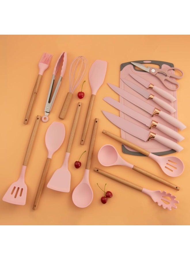 19 قطعة مكون أواني طهي من السيليكون من أواني مطبخ بمقابض خشبية آمنة ومقاومة للحرارة والصدأ - Image 3