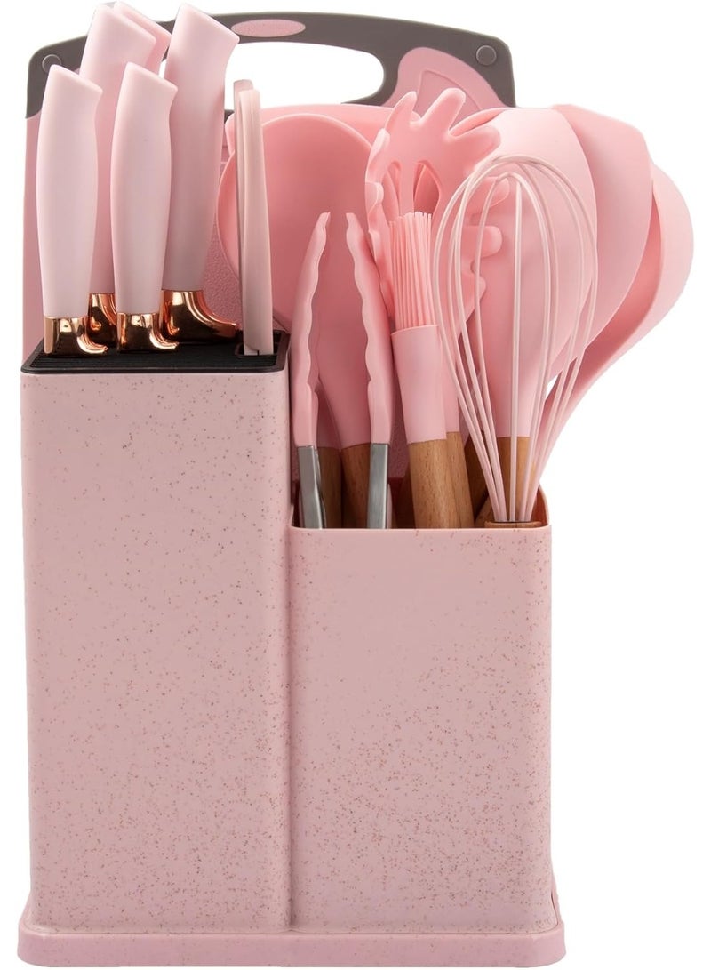 19 قطعة مكون أواني طهي من السيليكون من أواني مطبخ بمقابض خشبية آمنة ومقاومة للحرارة والصدأ - Image 1