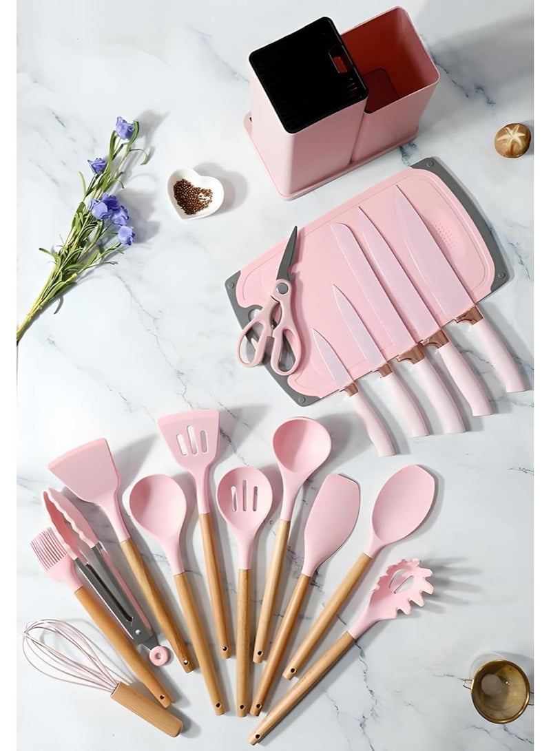 19 قطعة مكون أواني طهي من السيليكون من أواني مطبخ بمقابض خشبية آمنة ومقاومة للحرارة والصدأ - Image 2