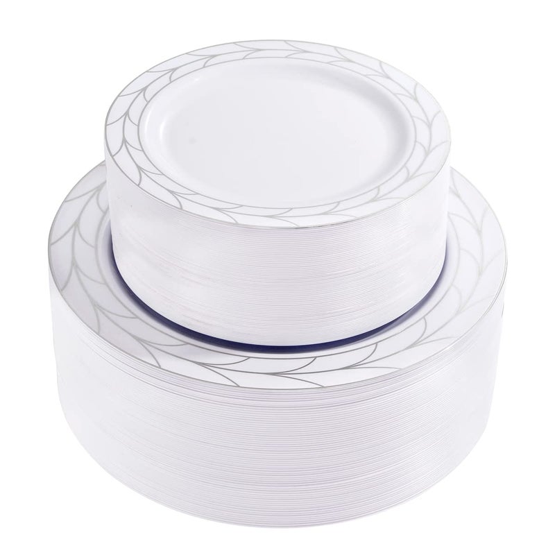 COLOSUS 100pcs Disposable Silver Plastic party plates Heavy Duty Silver White Plastic Plates set 50 Dinner Plate 50 Salad Plate for Wedding Birthday Party dinner