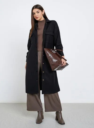 Styli Black Oversized Wool Like Midi Coat
