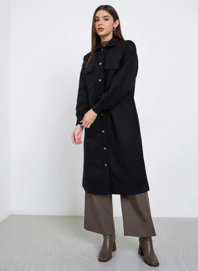 Styli Black Oversized Wool Like Midi Coat