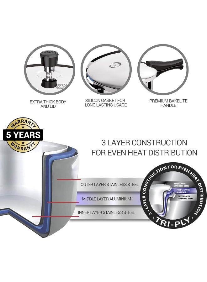 Milton Pro Cook Tri Ply Pressure Cooker With Outer Lid, 5 litre, Silver | Dishwasher Safe | Food Safe | Induction Safe | Hot Plate Safe | Flame Safe - Image 4