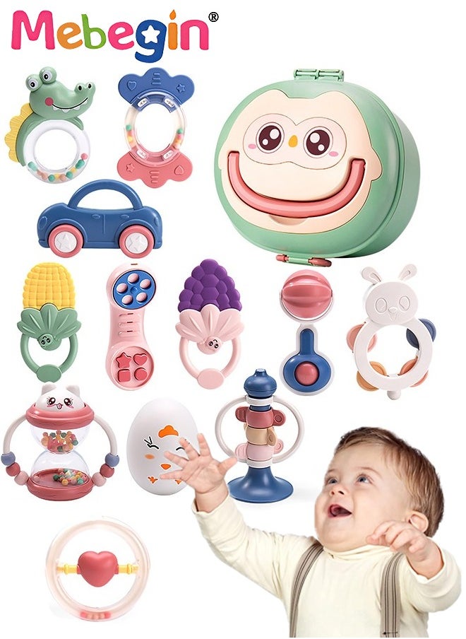 MEBEGIN 13PCS Baby Rattle Teething Set, Silicone Teether Sensory Toys with Cartoon Organizer, Versatile Baby Early Sensory Toy, Made of Gentle and Teething-friendly Material, Great Variety of Textured Surfaces  - Image 1