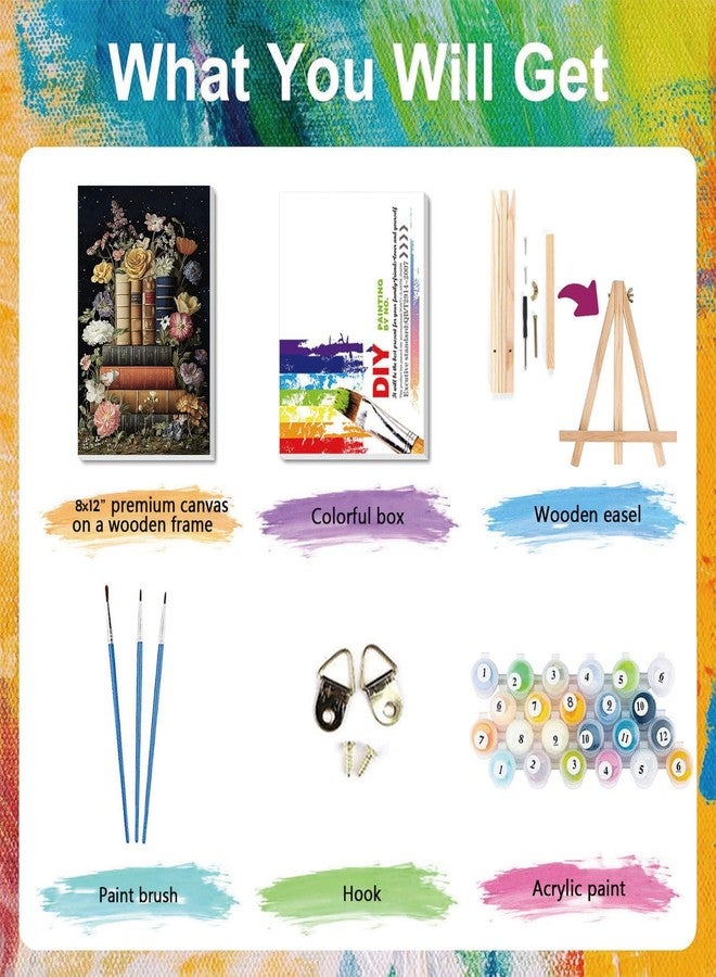 xackcme Book Paint by Numbers for Adults with Framed Canvas - with Wooden Easel, Flowers Paint by Number on Canvas, DIY Books Acrylic Oil Painting Kits with Brushes for Home Wall Decor (8x12 inch) - Image 4