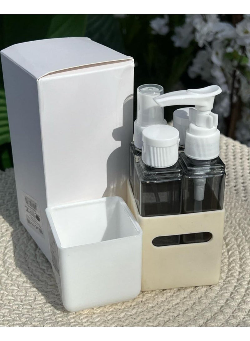 Bottle filling set designed to hold personal care essentials such as shampoo, conditioner, or lotion, in a custom holder; 4-piece organizer with stand - Multicolor - Image 3