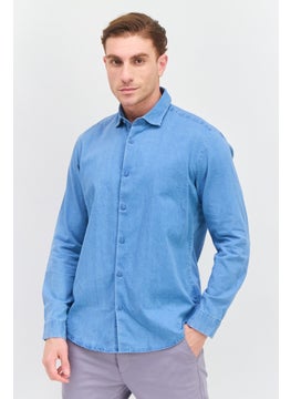 Men Regular Fit Washed Long Sleeve Denim Shirt, Blue