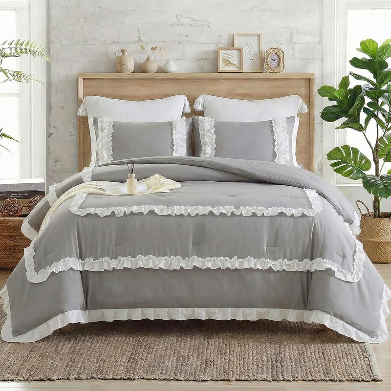 Bedorm Ruffle Comforter King Gray Farmhouse Bedding Set Pleated Ruffled Lace Comforter French Country Style Shabby Chic Bed Set Super Soft Cozy - Image 4