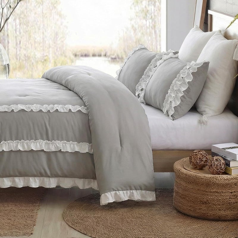 Bedorm Ruffle Comforter King Gray Farmhouse Bedding Set Pleated Ruffled Lace Comforter French Country Style Shabby Chic Bed Set Super Soft Cozy - Image 3