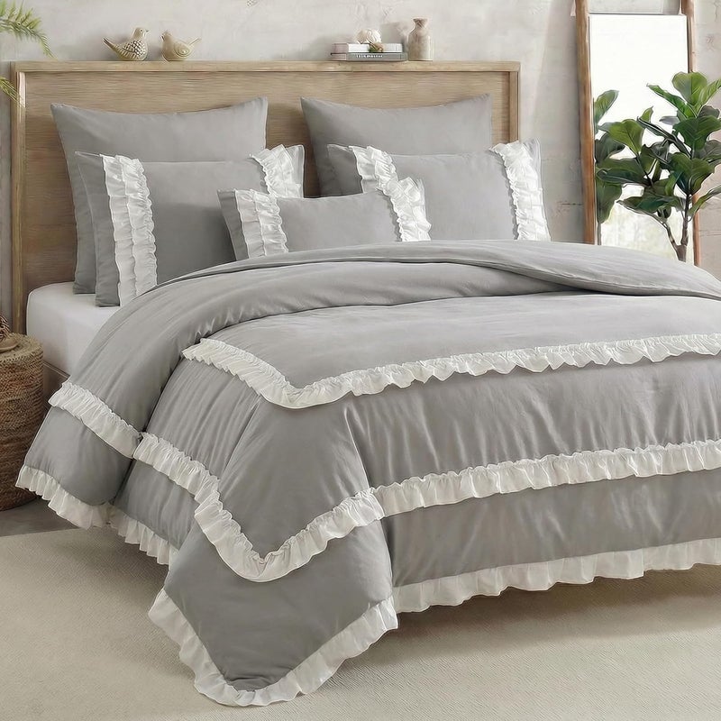 Bedorm Ruffle Comforter King Gray Farmhouse Bedding Set Pleated Ruffled Lace Comforter French Country Style Shabby Chic Bed Set Super Soft Cozy - Image 2