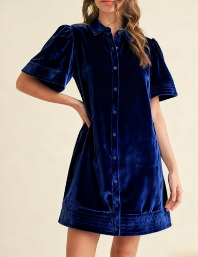 Meyhad Women's Velvet Shirt Dress Lapel Button Down Short Puff Sleeve Mini Dresses Fall Winter Dress with Pockets (1026-RoyalBlue-XL) - Image 3