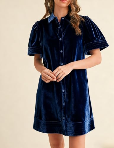 Meyhad Women's Velvet Shirt Dress Lapel Button Down Short Puff Sleeve Mini Dresses Fall Winter Dress with Pockets (1026-RoyalBlue-XL) - Image 2