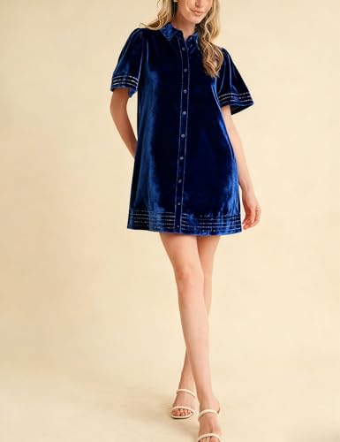 Meyhad Women's Velvet Shirt Dress Lapel Button Down Short Puff Sleeve Mini Dresses Fall Winter Dress with Pockets (1026-RoyalBlue-XL) - Image 5