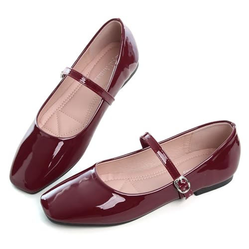 Dear Time Womens Vintage Mary Jane Flats Retro Square Toe Wide Width Ballet Flats Dress Dance Shoes Burgundy Size 75