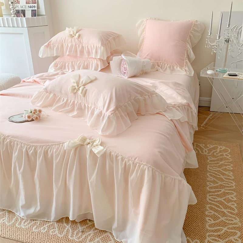 IHOUSTRIY Duvet Cover Queen Size Ruffle Beddding Set with Bowtie 3 Pieces Comforter Cover Set with Zipper Closure Girl Princess Bedding with Pillowcase  Light Pink Queen