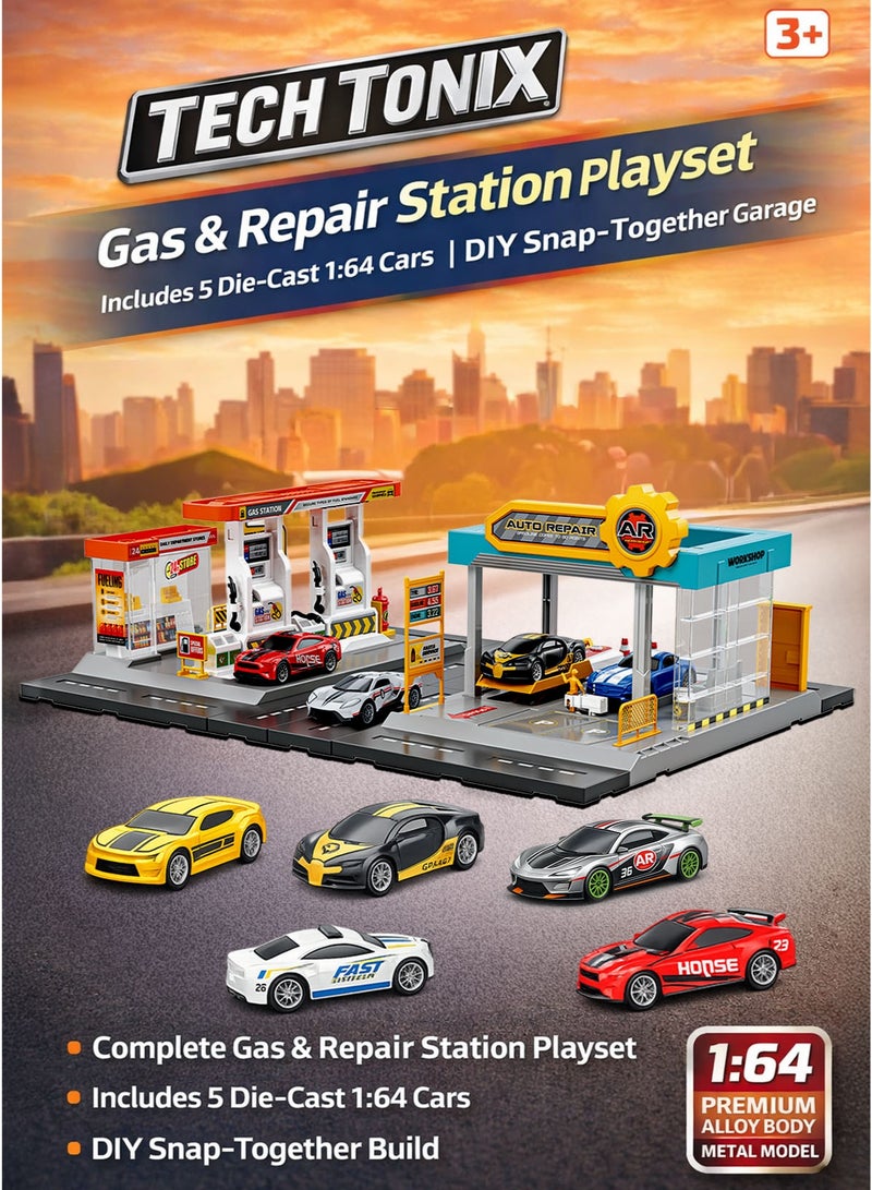 TECHTONIX Gas & Repair Station Model Playset with 5 Premium 1:64 Die-Cast Alloy Cars DIY Snap-Together Build Fueling Station, Auto Repair Workshop, Car Lift Platform, Car Wash Service Area & 24-Store Convenience Shop Modular Racing Garage Toy for Kids Boys Girls 3+ Years - Image 1