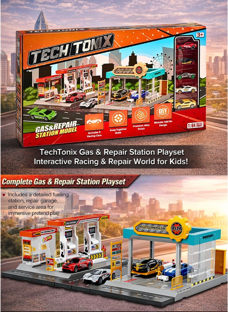 TECHTONIX Gas & Repair Station Model Playset with 5 Premium 1:64 Die-Cast Alloy Cars DIY Snap-Together Build Fueling Station, Auto Repair Workshop, Car Lift Platform, Car Wash Service Area & 24-Store Convenience Shop Modular Racing Garage Toy for Kids Boys Girls 3+ Years - Image 2