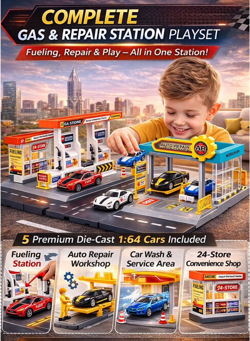 TECHTONIX Gas & Repair Station Model Playset with 5 Premium 1:64 Die-Cast Alloy Cars DIY Snap-Together Build Fueling Station, Auto Repair Workshop, Car Lift Platform, Car Wash Service Area & 24-Store Convenience Shop Modular Racing Garage Toy for Kids Boys Girls 3+ Years - Image 5