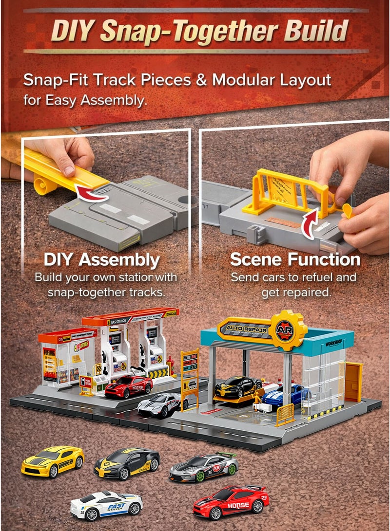 TECHTONIX Gas & Repair Station Model Playset with 5 Premium 1:64 Die-Cast Alloy Cars DIY Snap-Together Build Fueling Station, Auto Repair Workshop, Car Lift Platform, Car Wash Service Area & 24-Store Convenience Shop Modular Racing Garage Toy for Kids Boys Girls 3+ Years - Image 3