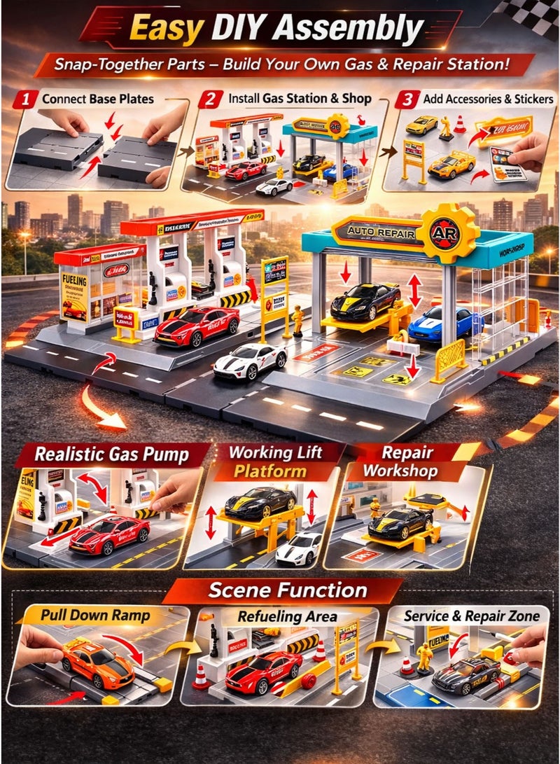 TECHTONIX Gas & Repair Station Model Playset with 5 Premium 1:64 Die-Cast Alloy Cars DIY Snap-Together Build Fueling Station, Auto Repair Workshop, Car Lift Platform, Car Wash Service Area & 24-Store Convenience Shop Modular Racing Garage Toy for Kids Boys Girls 3+ Years - Image 4