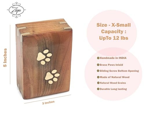 ZIYA Wooden Small Cremation Pet Urn for Dog and Cat Ashes Box | Handmade Wood Memorial Pet Urn | Brass Paws Inlaid | Pet Memorial | Funeral Urns for Pet Ashes | Mini Keepsake | up to 12 Pounds - Image 2
