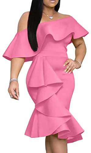 GOBLES Women's Elegant Off The Sholder Back Zipper Ruffles Bodycon Midi Cocktail Dress Carmine Rose - Image 1