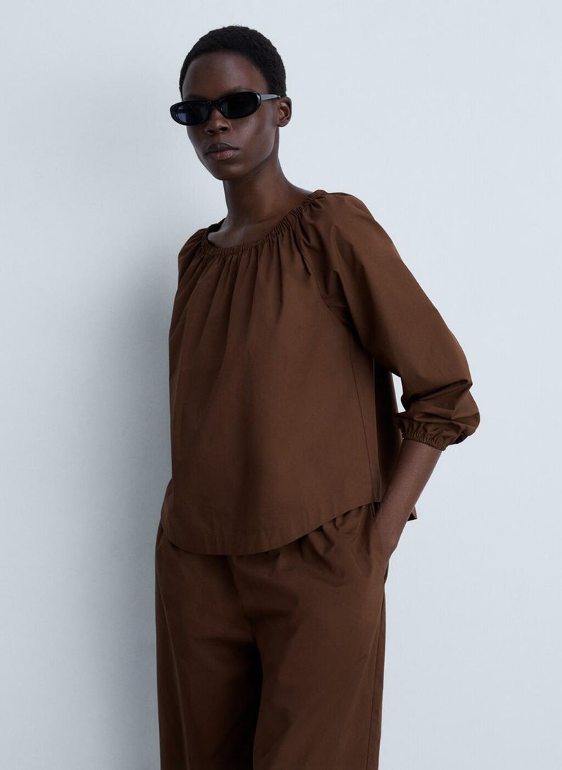 MANGO Cotton Blouse With Gathered Neck  - Image 1