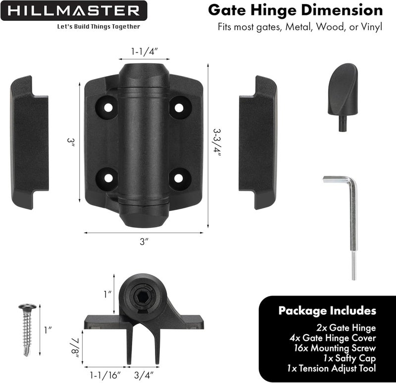 HILLMASTER Heavy Duty Self Closing Gate Hinges with Safety Cap,Pool Gate Hinges with Alignment Legs No Rust and Adjustable Fence Hinges Kit for Outdoor Metal Gate,Vinyl Gates,Wood Gate,Black,2 Count - Image 4