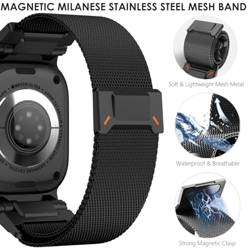WINGLE Milanese Loop for Apple Watch Band Ultra 3/2/1 Band 49mm Series 11 10 46mm 45mm 44mm 42mm SE 3/2/1 9 8 7 6 5 4 3 Men, Magnetic Mesh Stainless Steel Metal Connector iWatch Strap, Black - Image 4