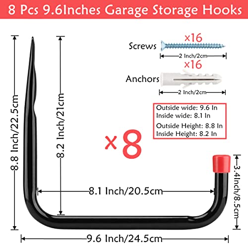 Naikozmo 8 Pack Wall Mount Storage Hooks, 9.6IN Garage Utility Hanger for Ladder, Hold Chairs, Garden Tool, Hose, Bike Black +Red 9.6Inch x 8.8Inch - Image 2