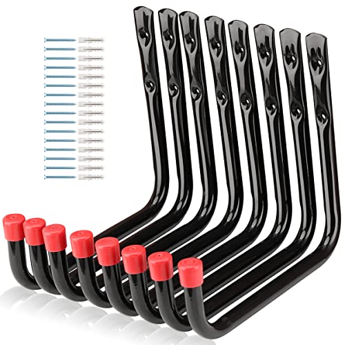 Naikozmo 8 Pack Wall Mount Storage Hooks, 9.6IN Garage Utility Hanger for Ladder, Hold Chairs, Garden Tool, Hose, Bike Black +Red 9.6Inch x 8.8Inch - Image 1