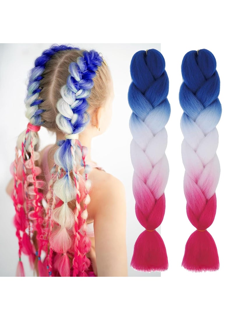 BASEMMAHER Colored Braiding Hair Extensions for Women Girls Red White Blue Ombre Jumbo Braids Crochet Synthetic Fiber Hair Pre Stretched High Temperature Heat Resistant Braiding Hair 24 Inch 