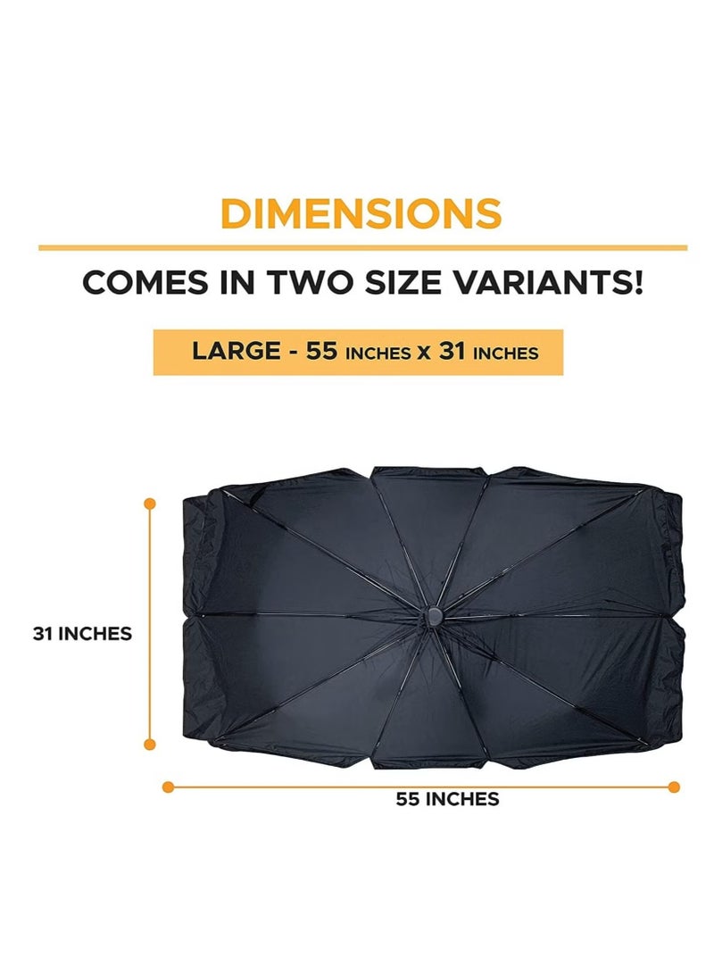 Raxoom Car Windshield Sunshade | Foldable Reflector Umbrella Sunshade for Cars, Blocks UV Rays Sun Visor Protector Sunshade to Keep Your Vehicle Cool and Damage Free (Large 55 inches x 31 inches) - Image 3