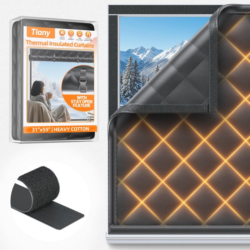 Tlany Window Insulation Kit for Winter 31"x59" Cold Weather Thermal Curtain with Heavy Cotton, Insulated Window Cover for Winter & Windows Draft Blocker for Winterizing Windows in Home RV Basementâ€“Black - Image 1