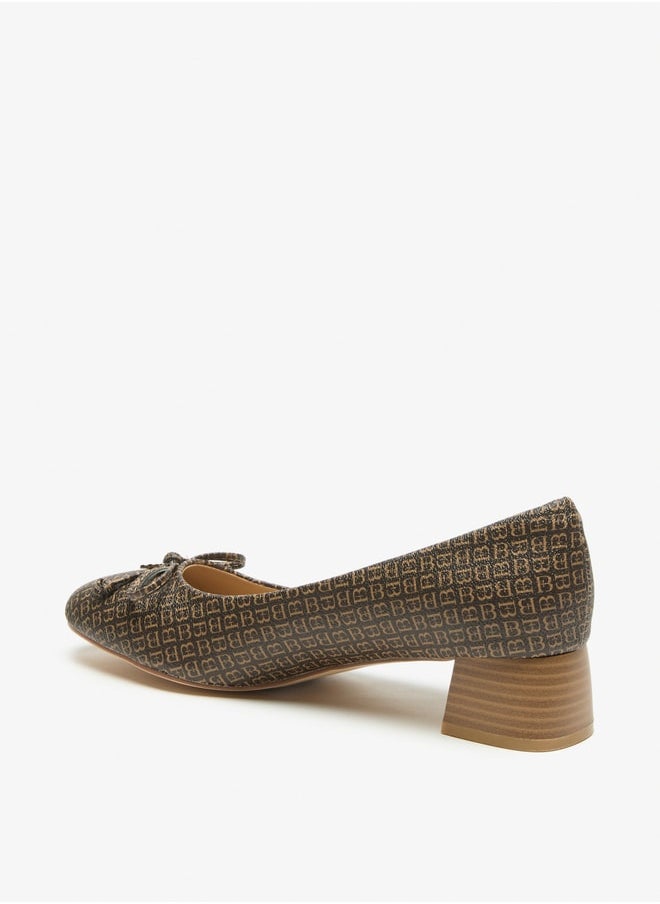 Flora Bella By Shoexpress - Monogram Print Slip On Shoes with Block Heels and Bow Accent - Image 1
