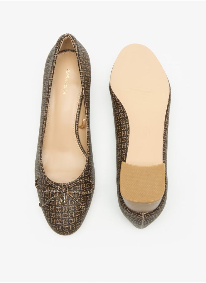 Flora Bella By Shoexpress - Monogram Print Slip On Shoes with Block Heels and Bow Accent - Image 1