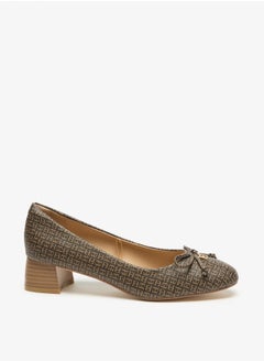 Flora Bella By Shoexpress Monogram Print Slip On Shoes with Block Heels and Bow Accent  - Image 2