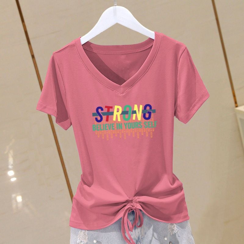 Summer Plus Size Cotton V-Neck Slimming Tee for Women Pink-STRONG-Green