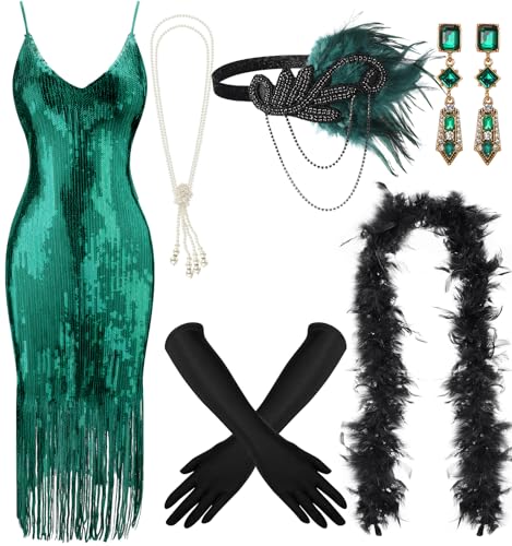 Tisancy 7 Pcs 1920s Women's Flapper Dress Sequin Dress Costume Headwear Earring Necklace Glove Stick Set and Long Feather Boa (Malachite Green,X-Small) - Image 1